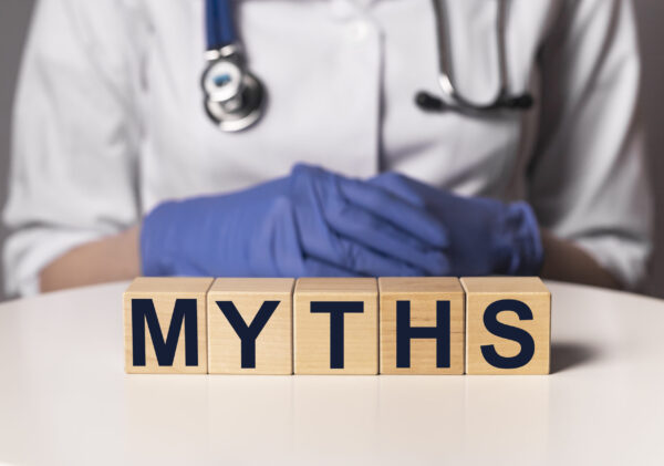 Medical myths concept. Inscription, word about fakes and misinformation about health.