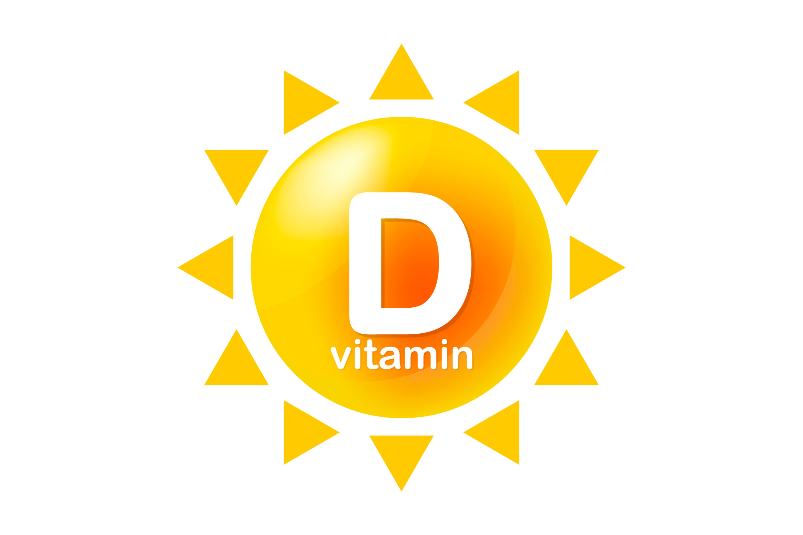 Vitamin D icon with sun. Vitamin D3 yellow shining capsule. Beauty, nutrition skin care, pharmacy, diet. Vector illustration